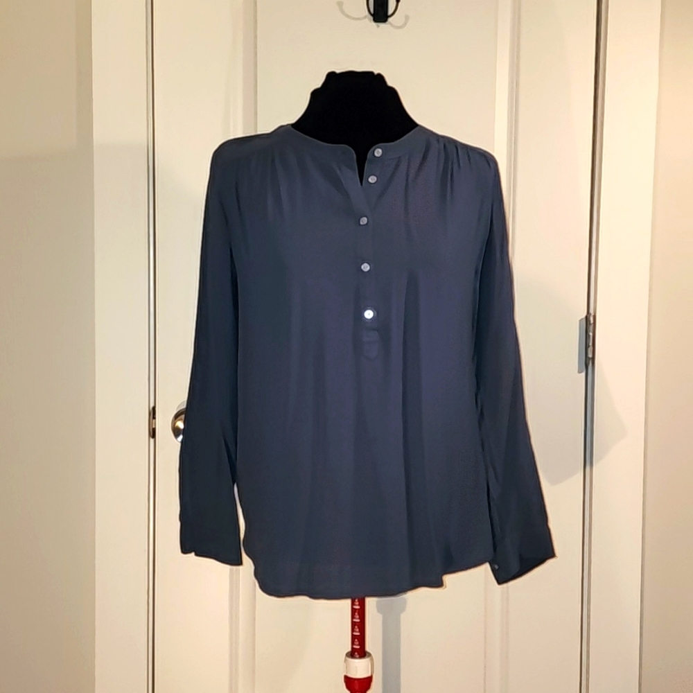 Gray-Blue Long Sleeve 5-buttom Blouse, LOFT, Medium